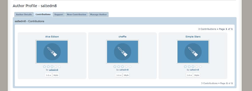 saltedm8 phpBB author profile showing contributed forum styles